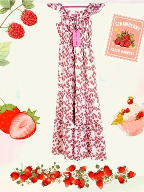 NWT Betsey Johnson White Maxi Dress with Red Strawberry Print